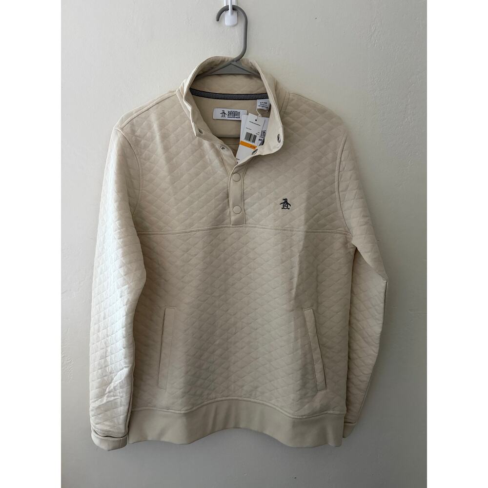 Original Penguin Quilted Pullover Sweatshirt Beige Snap Neck — Small
